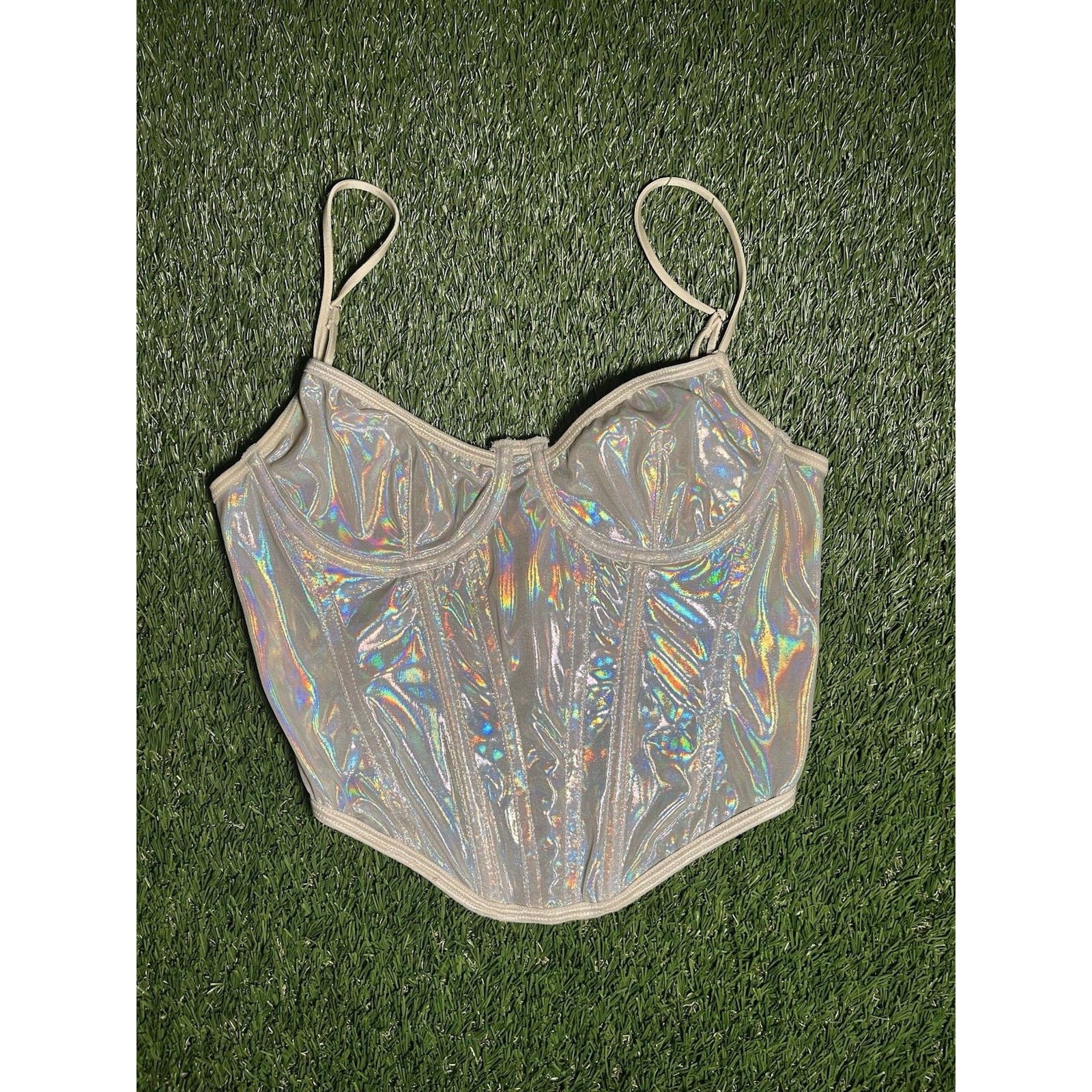 Out From Under Silver Holographic Corset Top S Structured Cups Boned Underwired